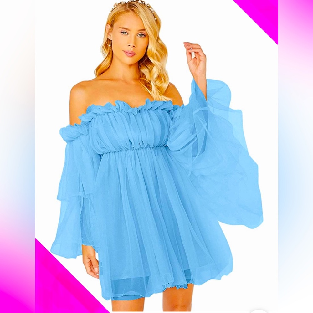 NWT 💖 Off Shoulder Flounce Long Sleeve Wedding Ruffle Mesh Party Mini Dress XS